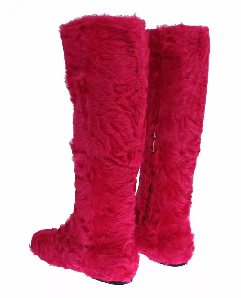 Pink Lamb Fur Leather Flat Boots Shoes