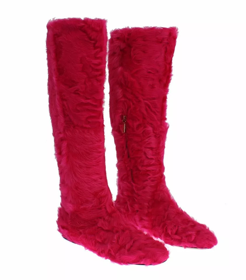 Pink Lamb Fur Leather Flat Boots Shoes