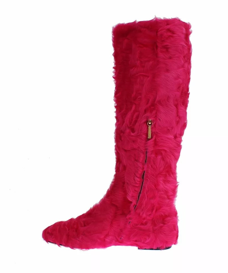 Pink Lamb Fur Leather Flat Boots Shoes