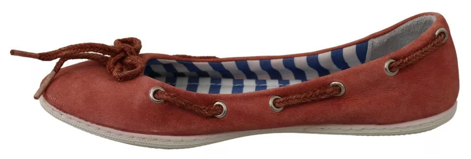 Coral Suede Lace Bow Loafers Ballet Flat Shoes
