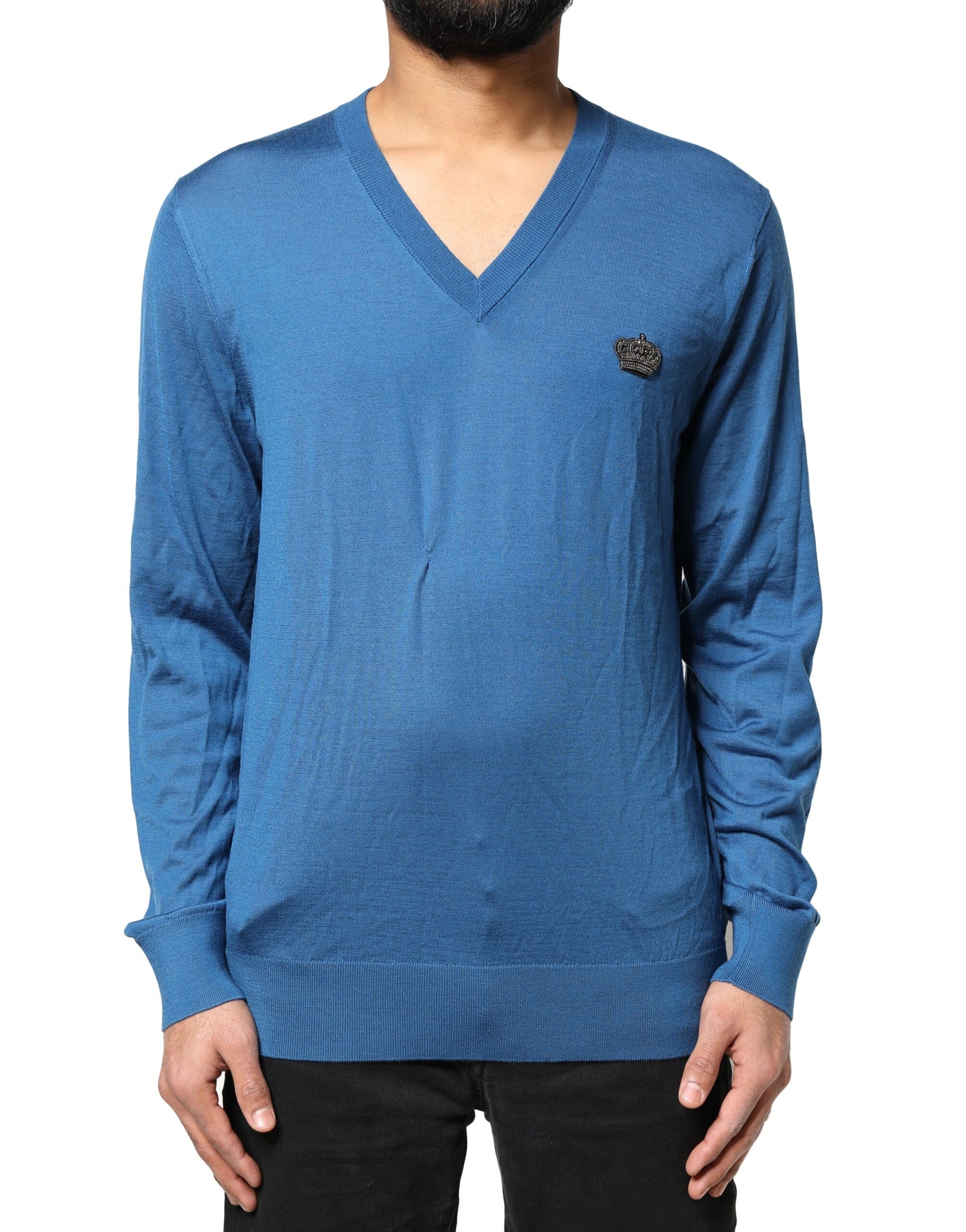 Blue Cashmere Crown V-neck Pullover Sweater