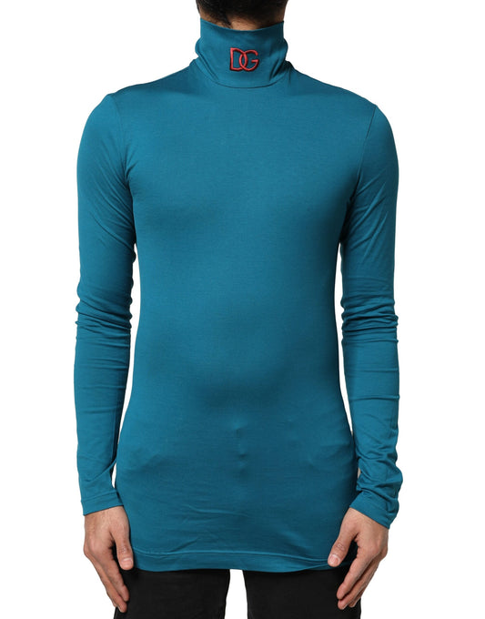 Blue Cotton Turtleneck Long Sleeves Sweater