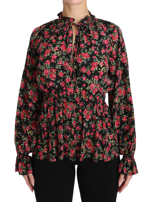 Camisa elegante de seda con estampado floral negro