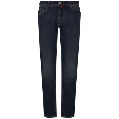 Blue Cotton Men Jeans with Orange Stitch Detail