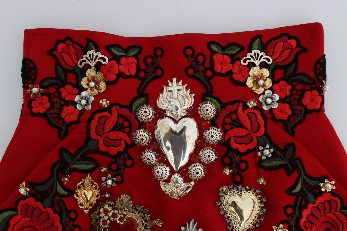 Red Silk Crystal-Embellished Mini Shorts