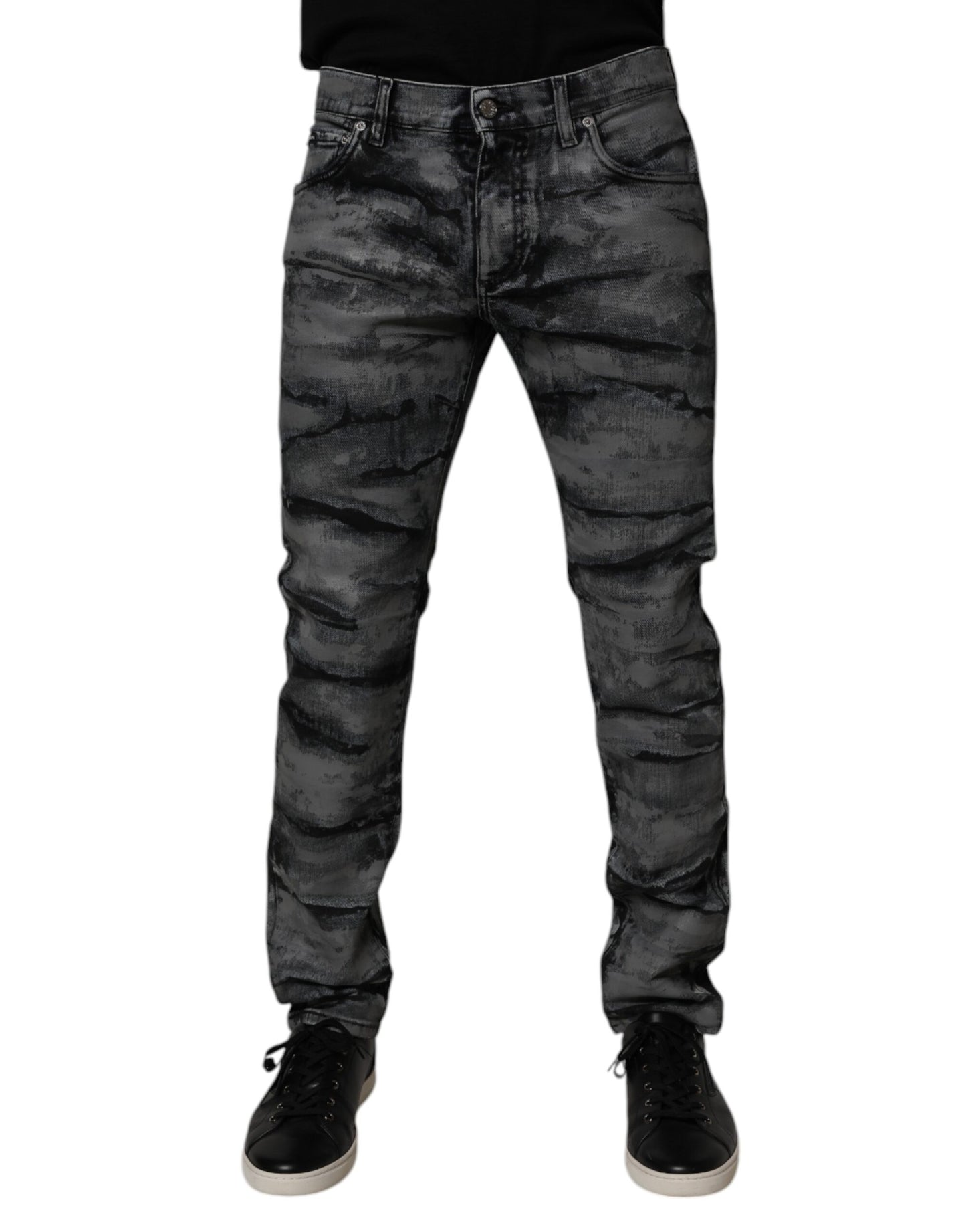 Gray Tie Dye Cotton Skinny Men Denim Jeans
