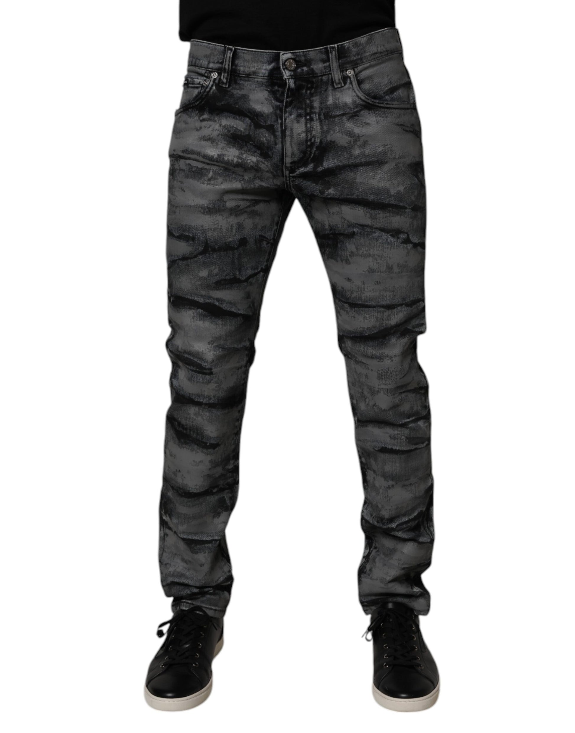Gray Tie Dye Cotton Skinny Men Denim Jeans