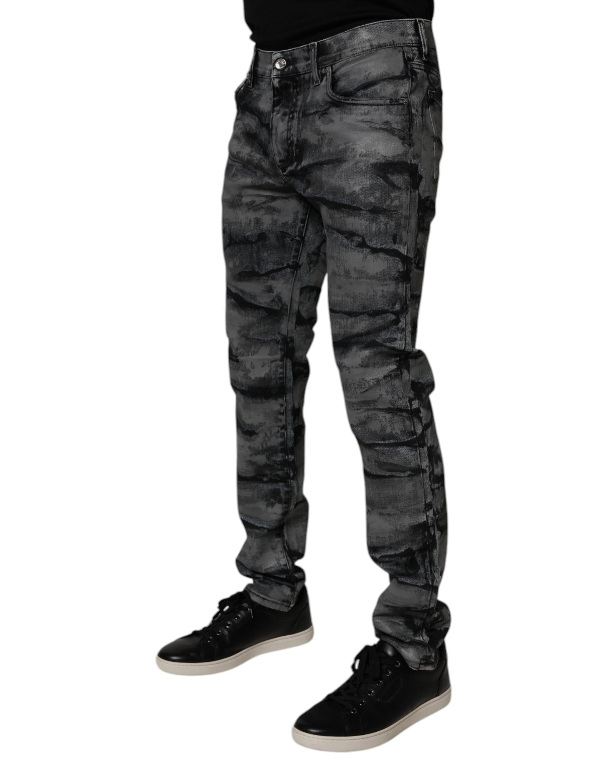 Gray Tie Dye Cotton Skinny Men Denim Jeans
