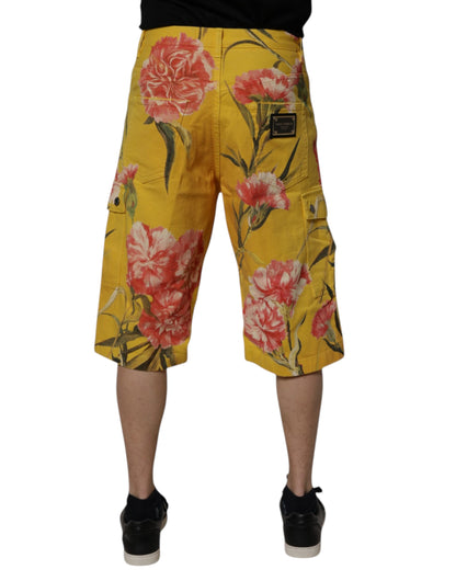 Yellow Floral Cargo Denim Men Bermuda Shorts