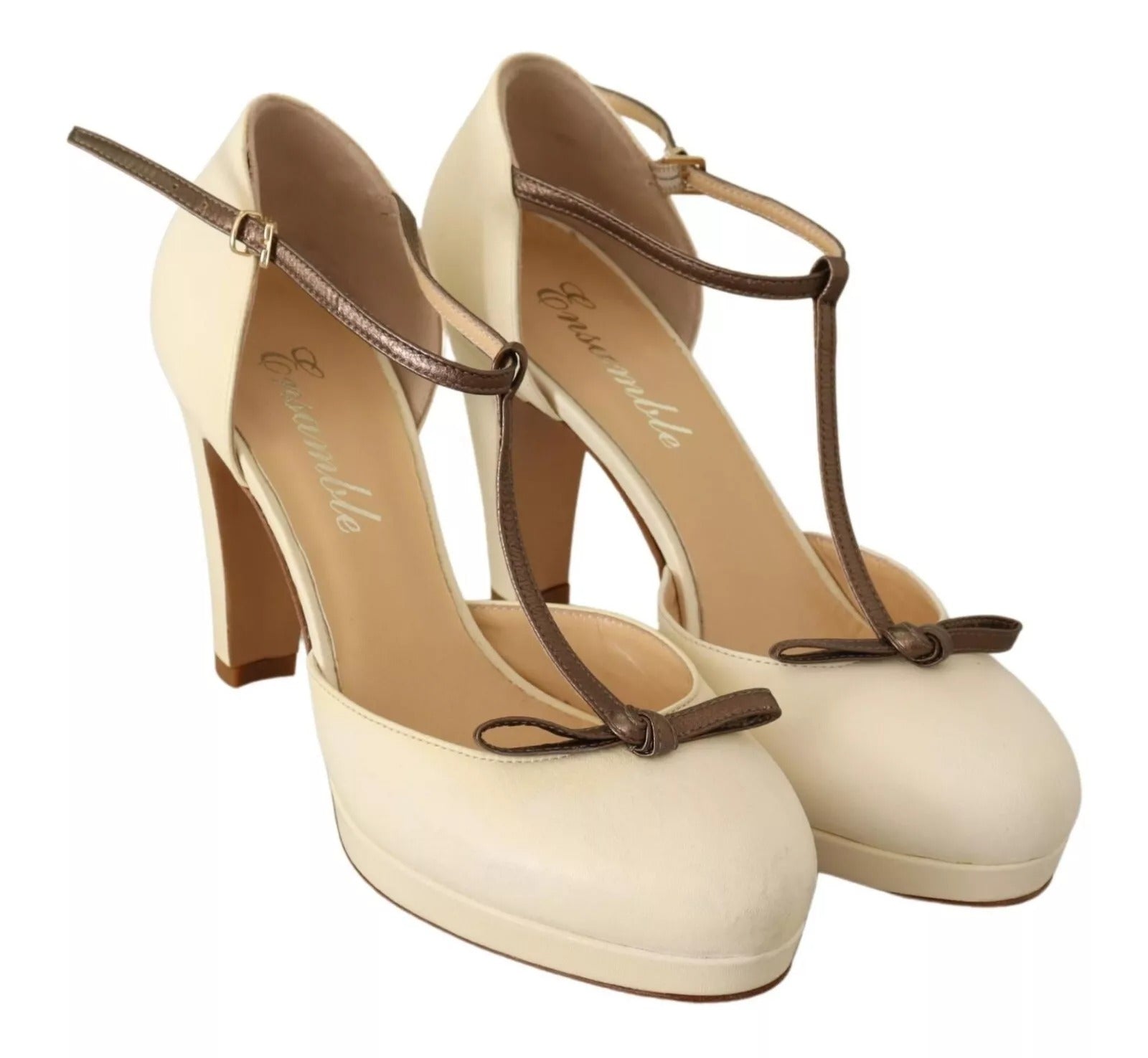 Beige T-Strap Block Heels Pumps Leather Shoes