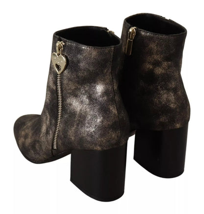 Black Leather Block Heels Ankle Boots Zipper Shoes