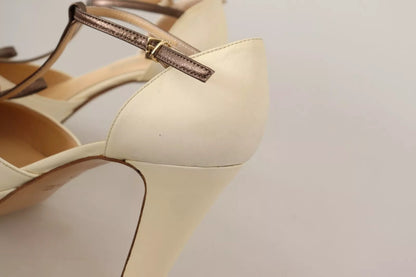 Off White Leather T-Strap Heels Sandals Shoes