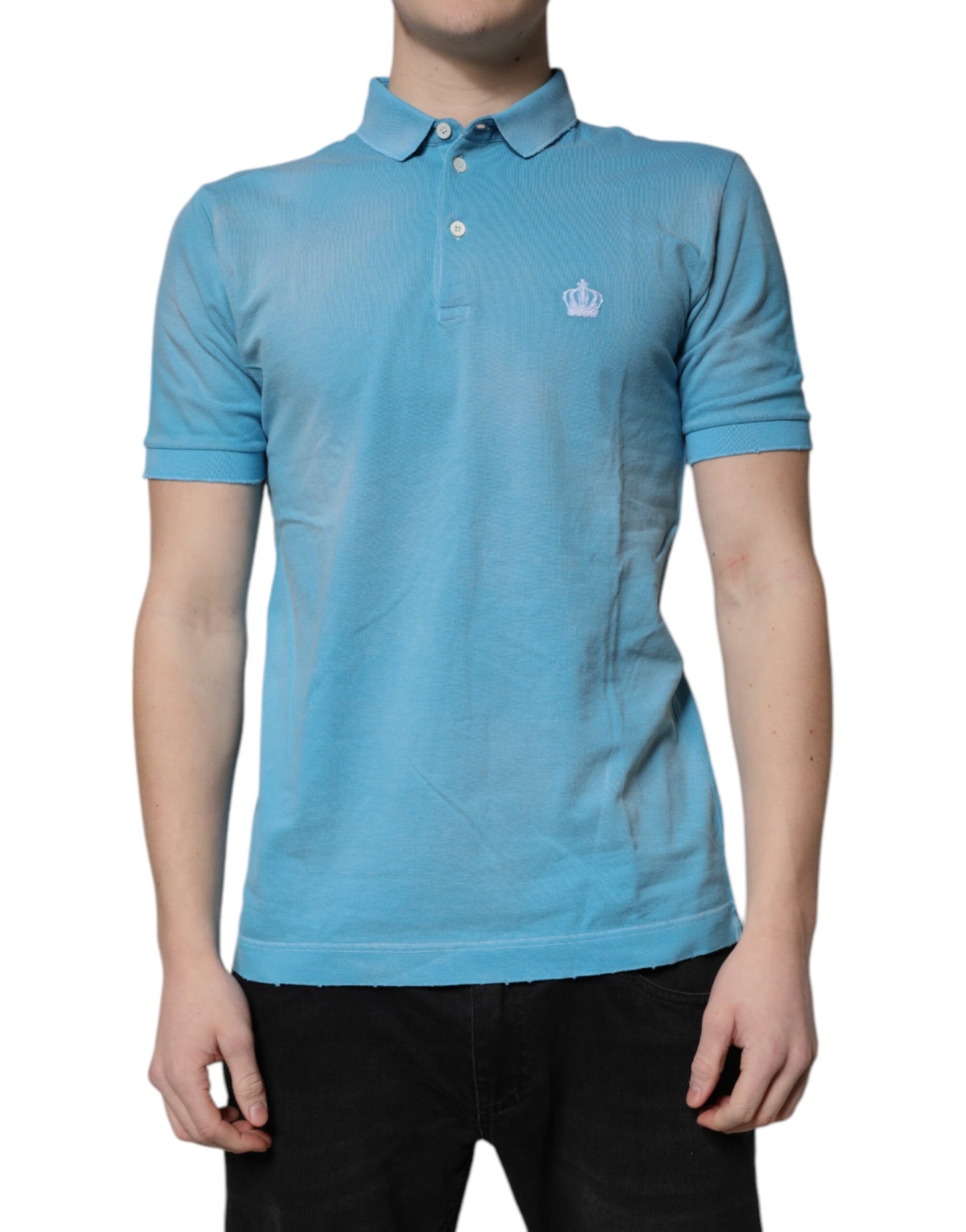 Blue Cotton Crown Collared Men Polo T-shirt