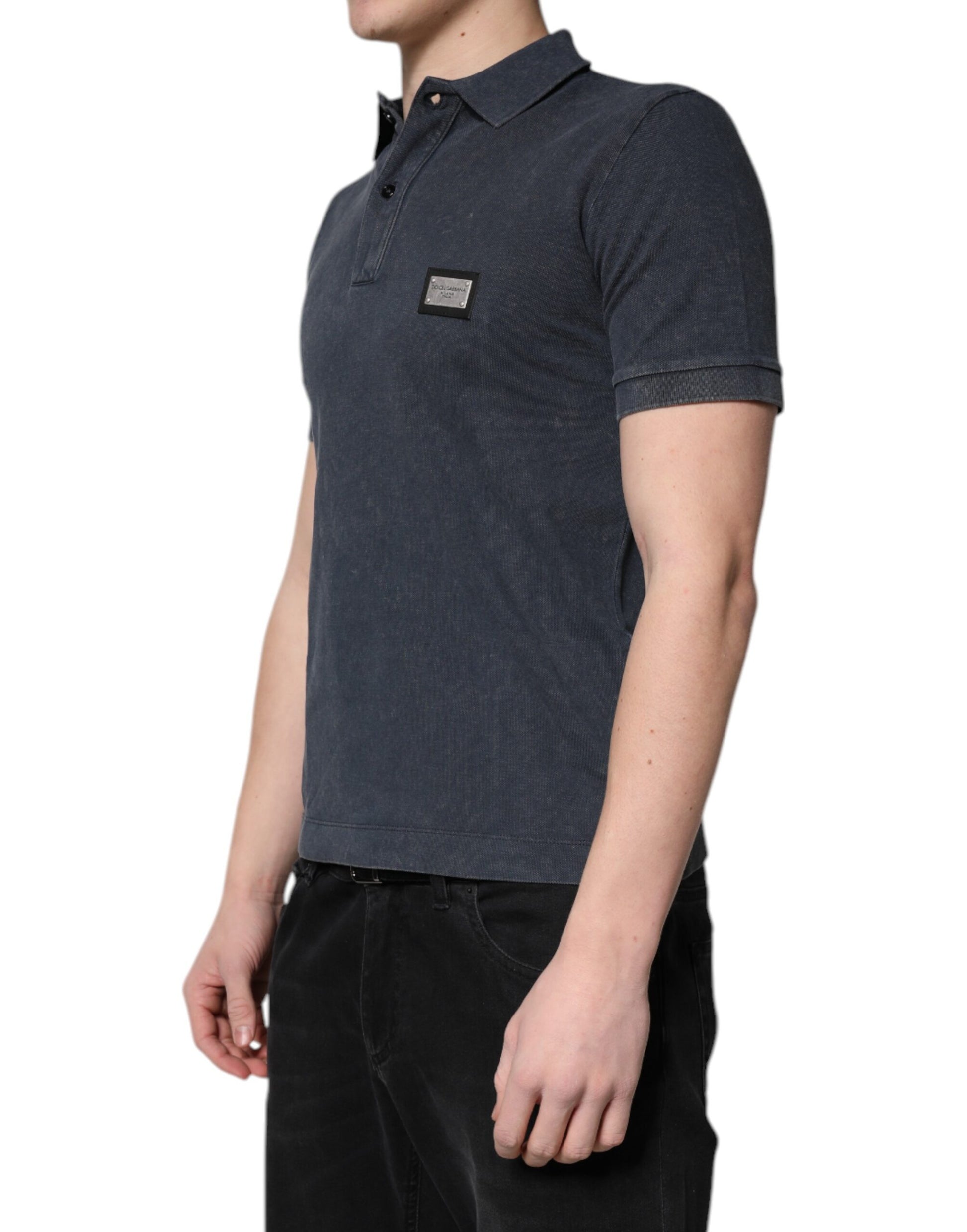 Dark Blue Logo Plaque Cotton Men Polo Shirt T-shirt