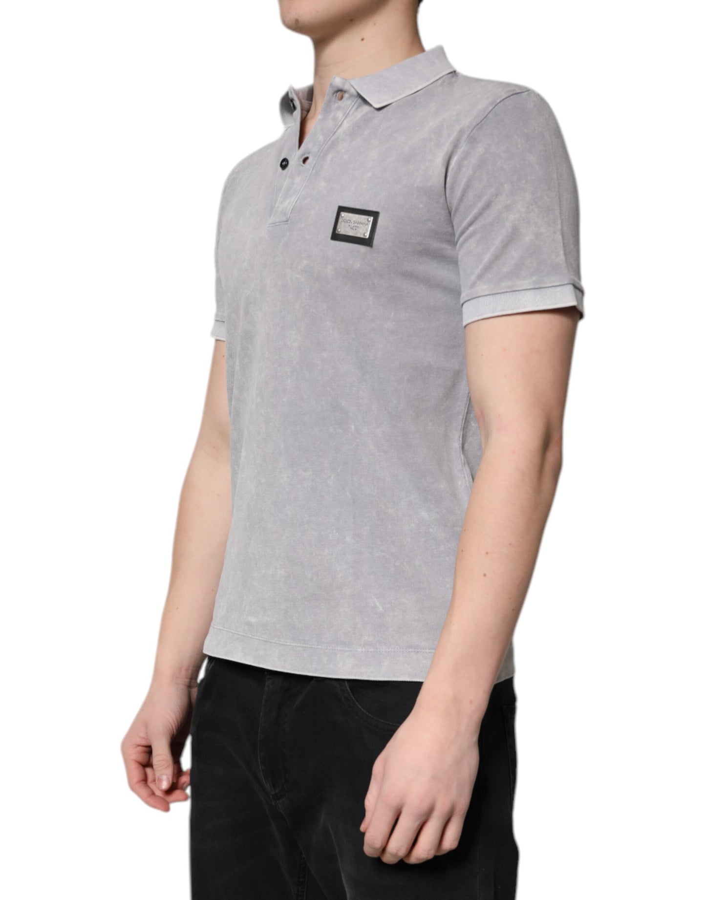 Gray Logo Plaque Cotton Men Polo Shirt T-shirt