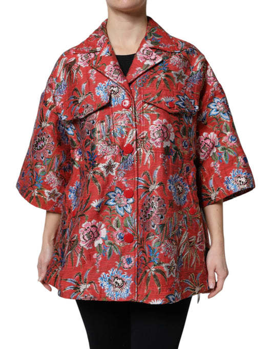 Red Floral Jacquard Button Down Coat Jacket