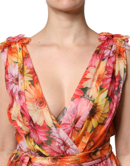 Multicolor Floral Silk V-neck Chiffon Dress