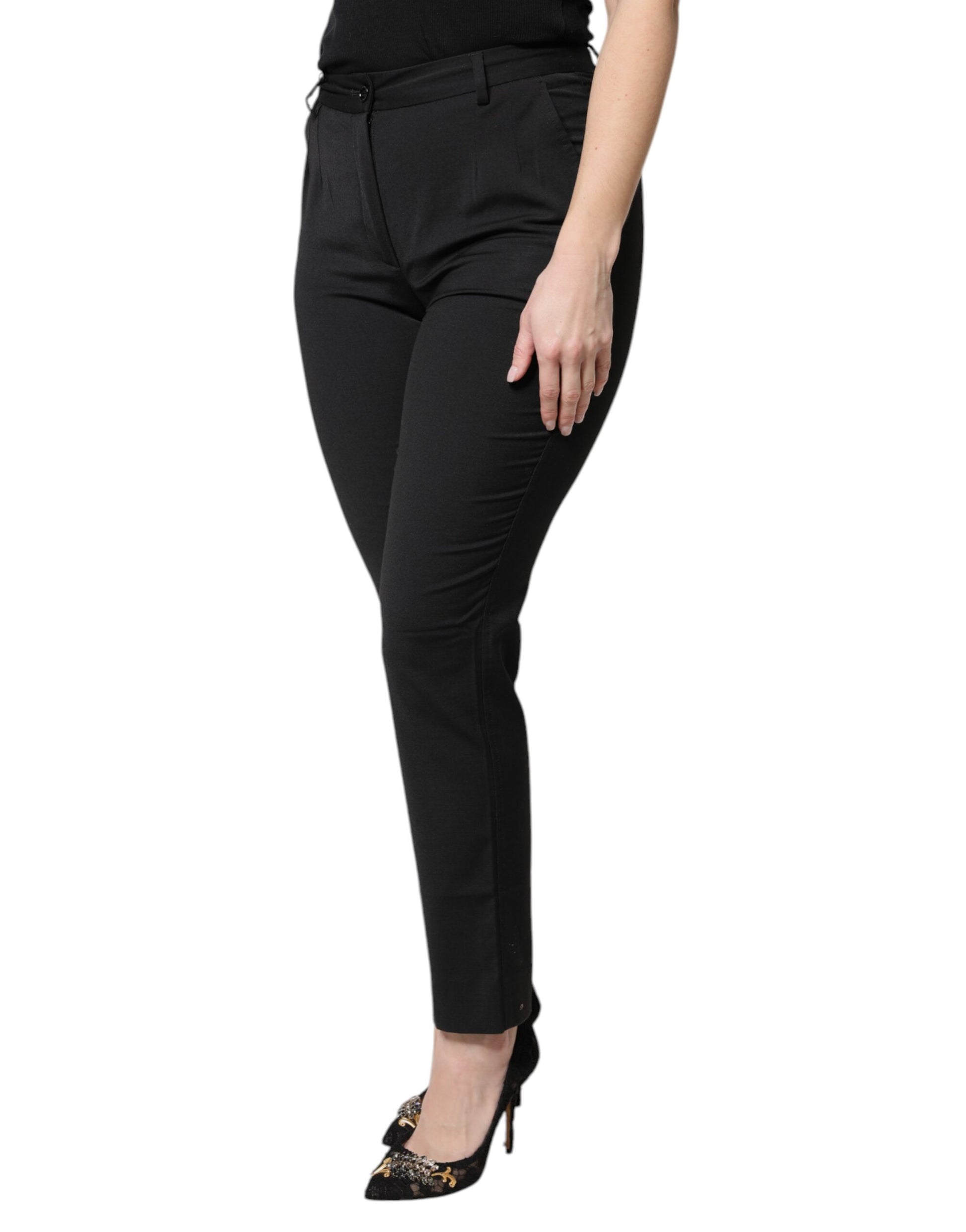 Black Polyester High Waist Slim Pants