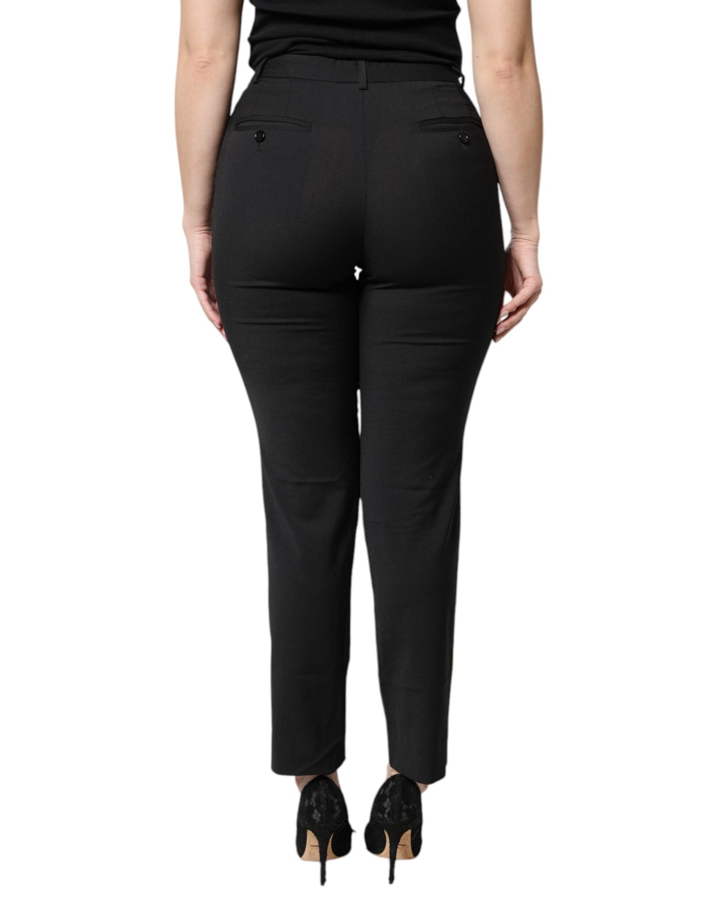 Black Polyester High Waist Slim Pants