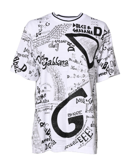 White Graffiti Print Cotton Crew Neck T-shirt