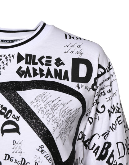 White Graffiti Print Cotton Crew Neck T-shirt