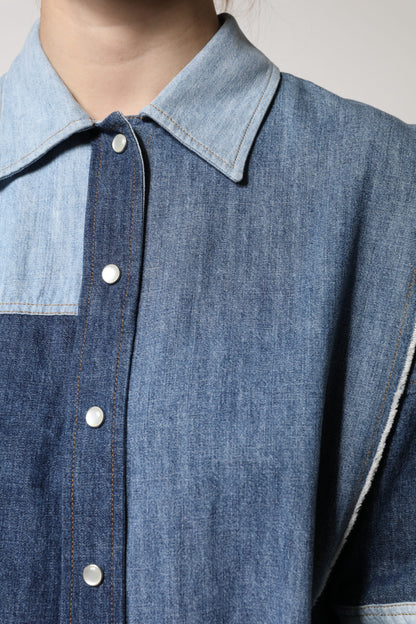 Blue Cotton Button Up Collared Long Sleeve Top