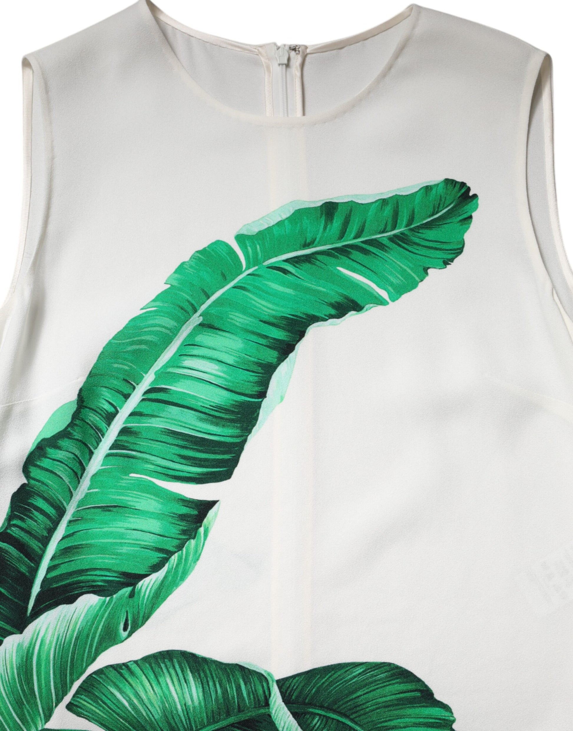 White Banana Leaf Print Round Neck Tank Top