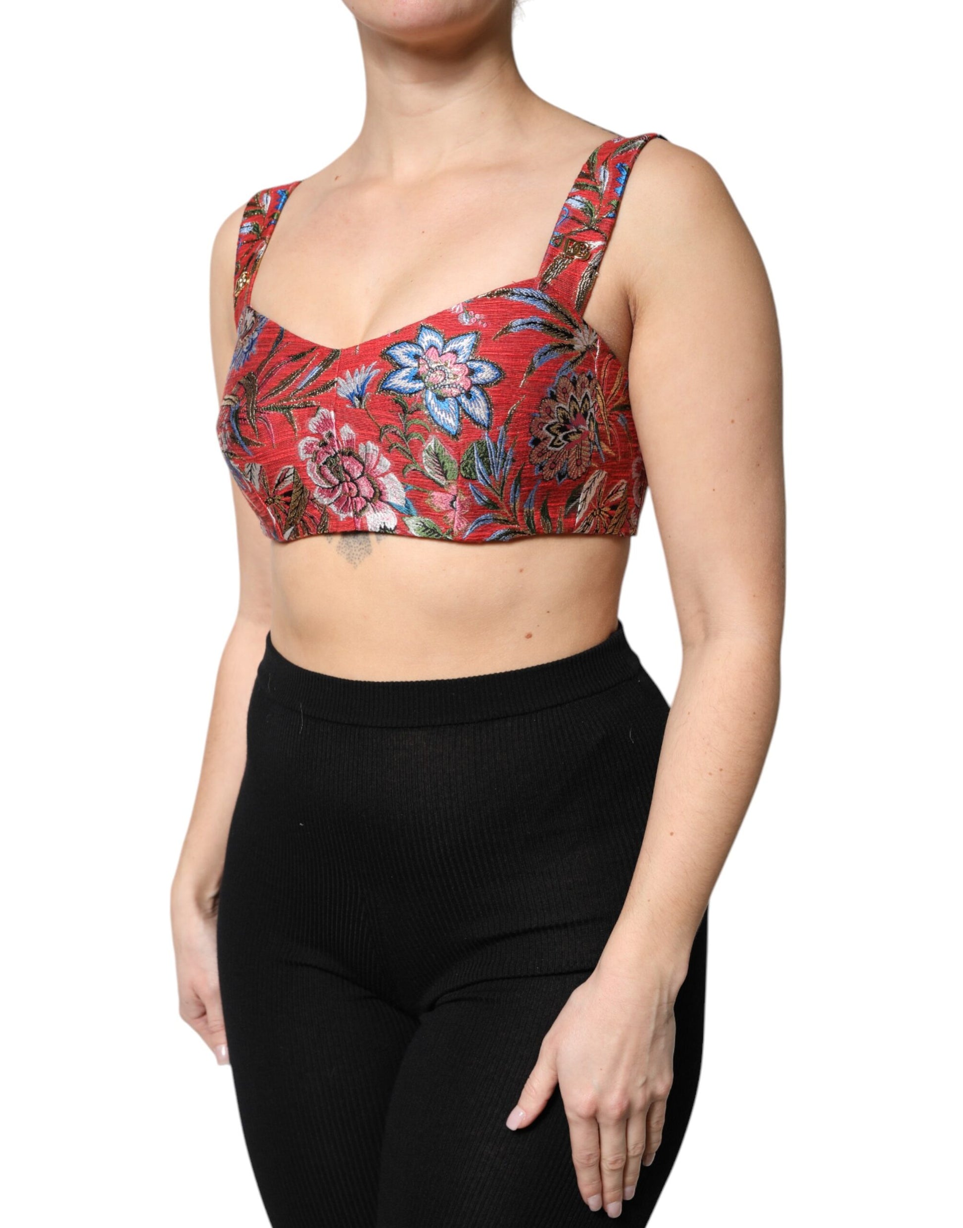 Red Floral Brocade Cropped Bustier Corset Top