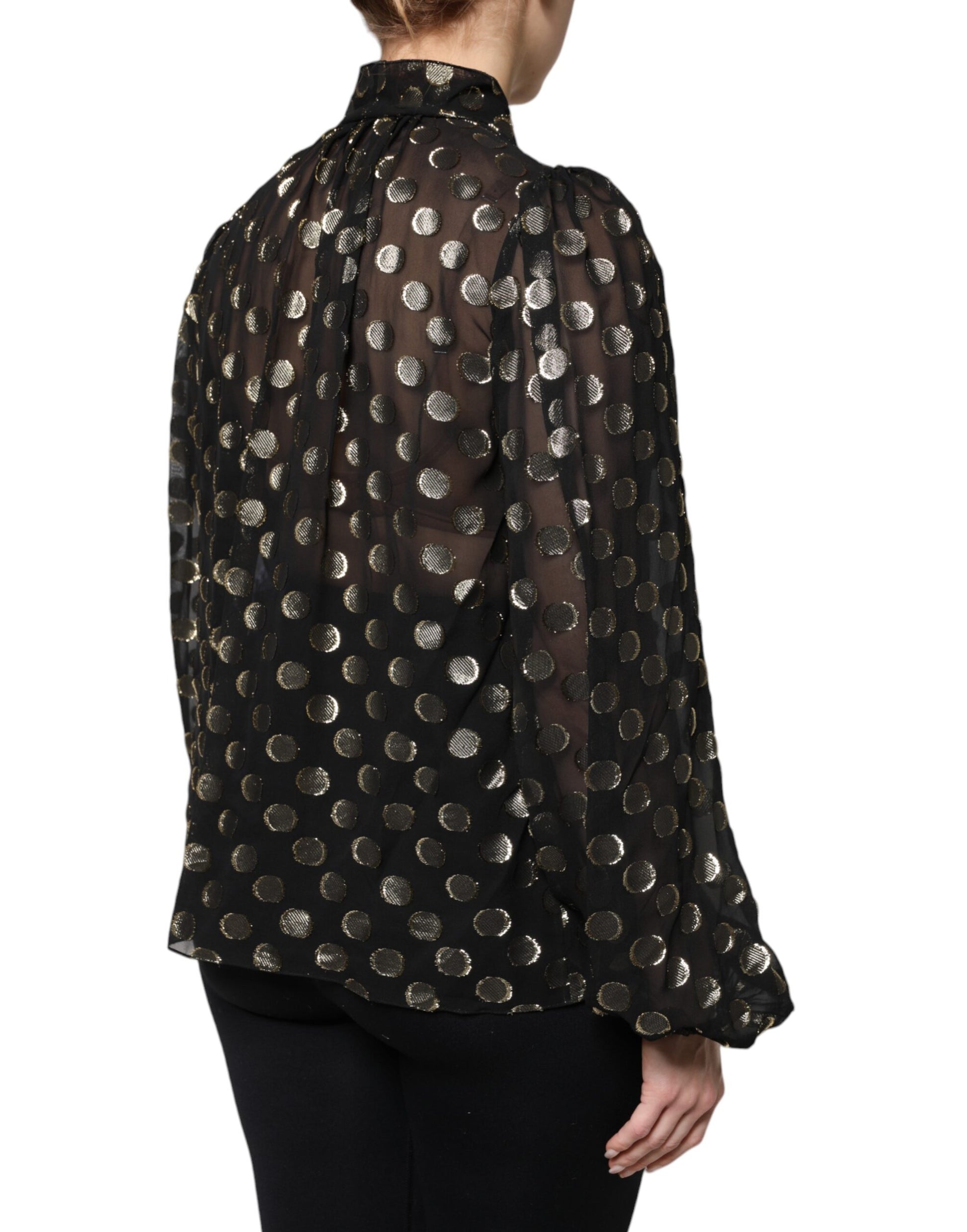 Black Sheer Tied Neck Polka Dots Blouse Top