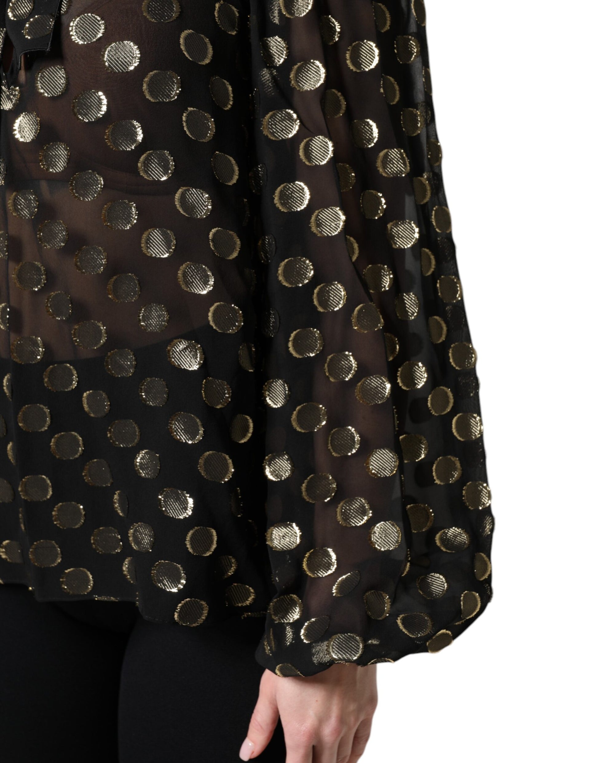 Black Sheer Tied Neck Polka Dots Blouse Top