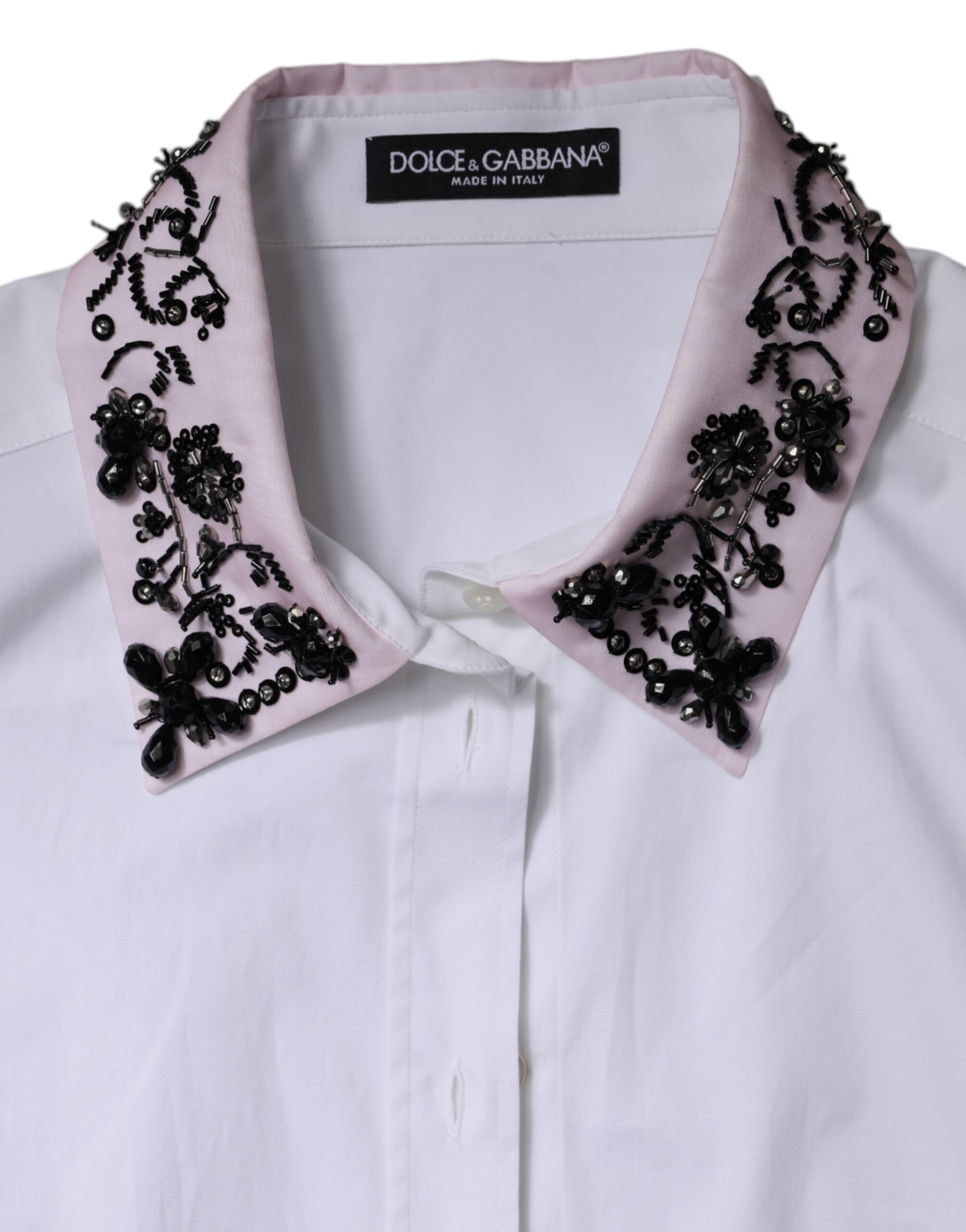 White Embellished Collared Dress Shirt Top