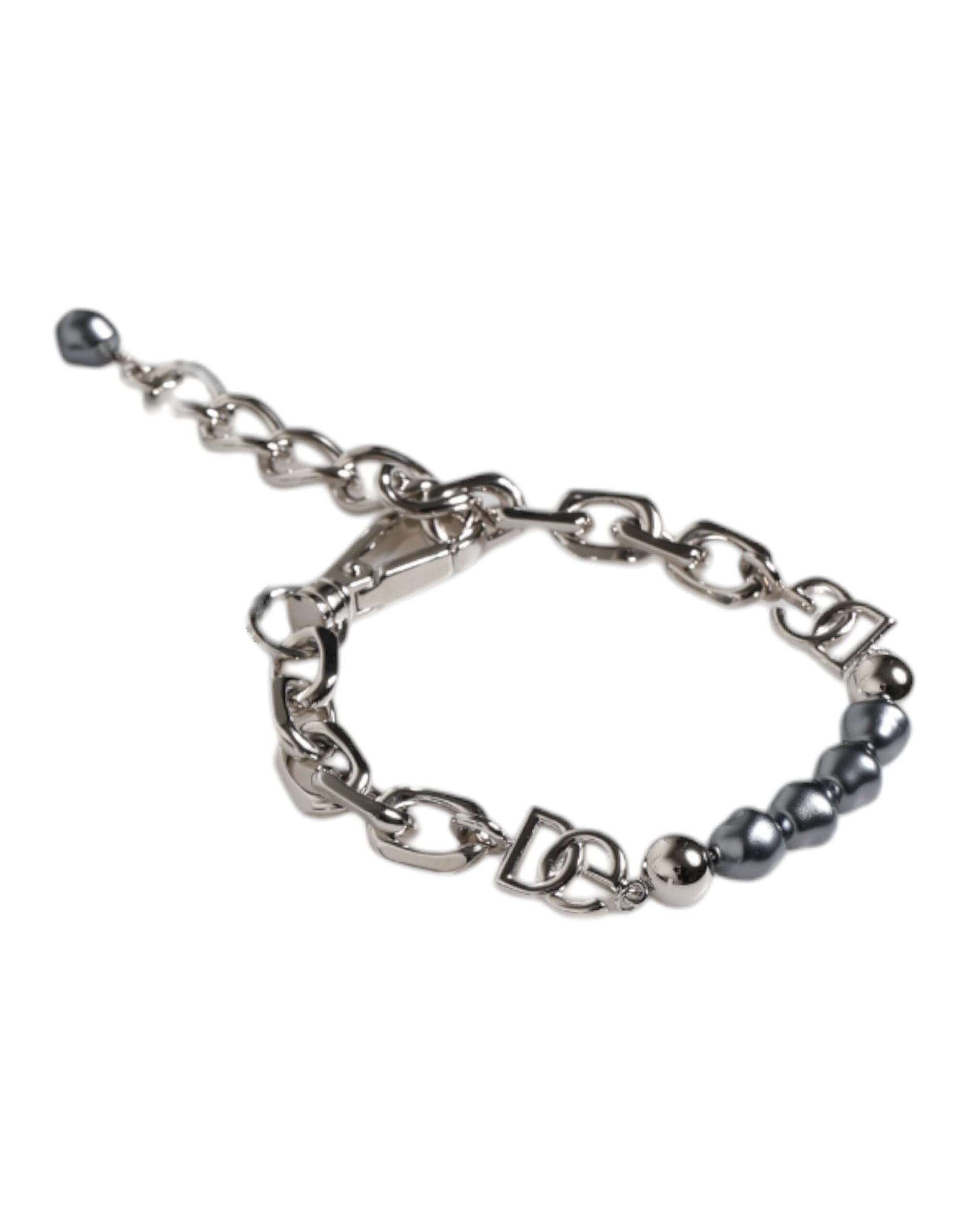 Silver Tone Chain Lobster Clasp Logo Gray Pearls Bracelet