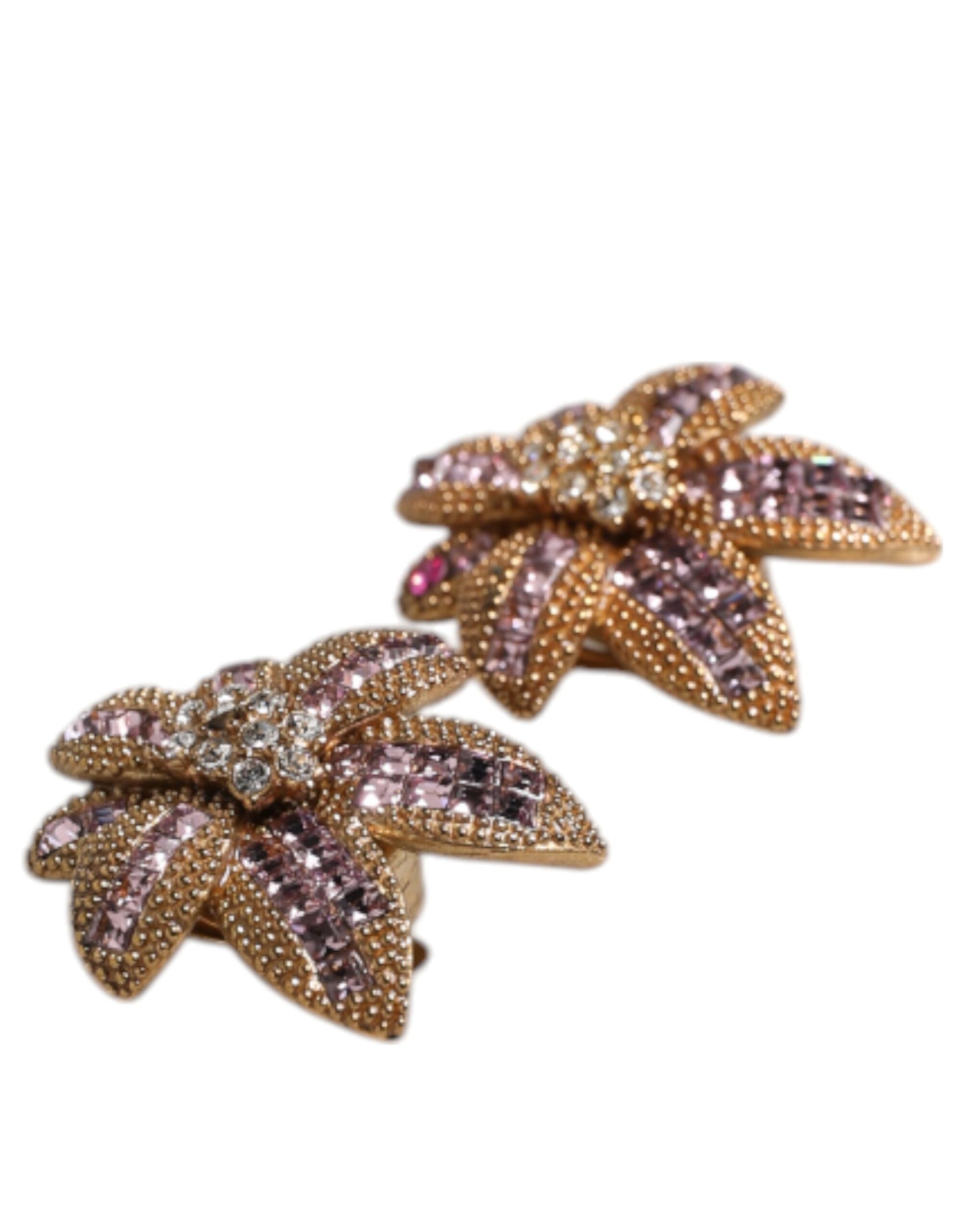 Gold Brass Purple Flower-Shaped Crystals Clip On Earrings