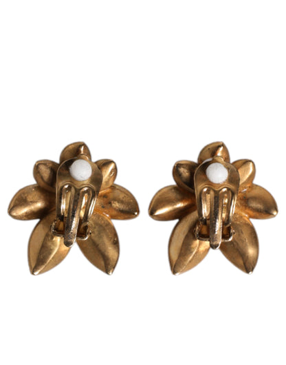 Gold Brass Purple Flower-Shaped Crystals Clip On Earrings