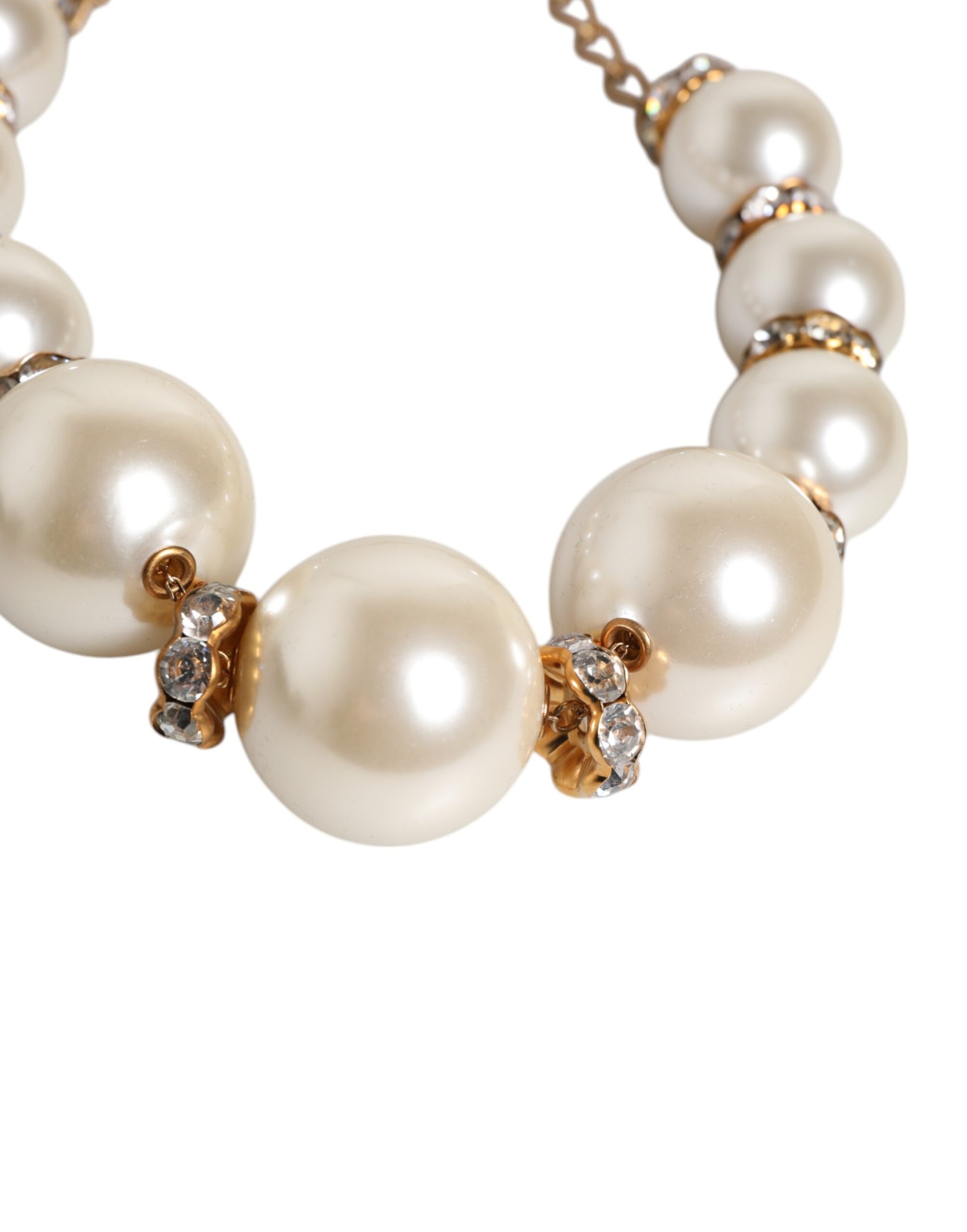 White Maxi Faux Pearl Beads Crystals Gold Chain Necklace