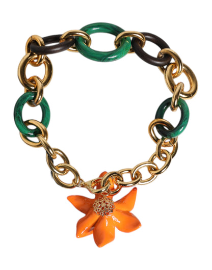 Multicolor Gold Brass Orange Lily Floral Chain Necklace