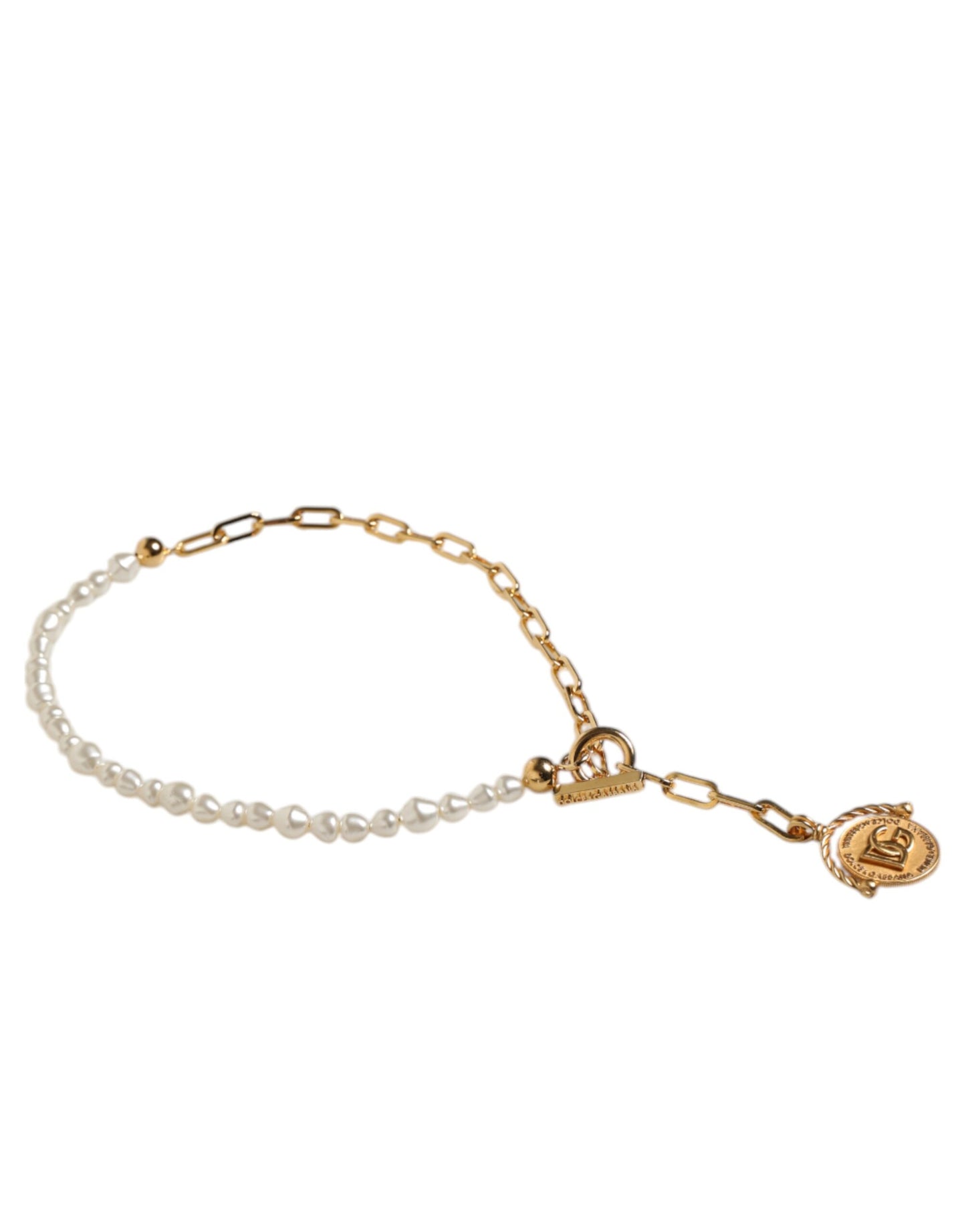 Gold Chain Brass Faux Pearl Charm Logo Pendant Necklace