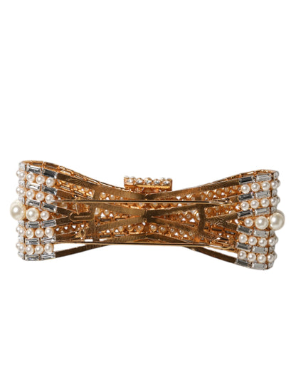 Gold Tone Brass Bow Crystal FauxPearl Embellished Brooch