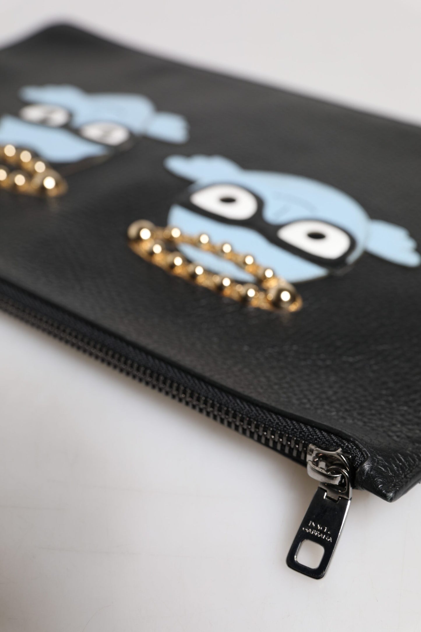 Black Leather #DGFAMILY Embellished Men Zip Pouch Bag