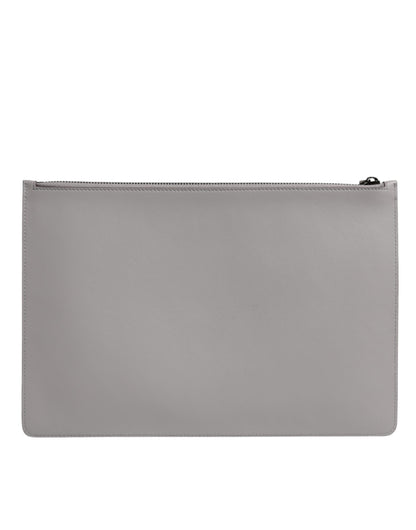 Gray Solid Leather DG Logo Men Clutch Zip Pouch Bag