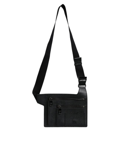 Black Calfskin Leather Messenger Crossbody Bag