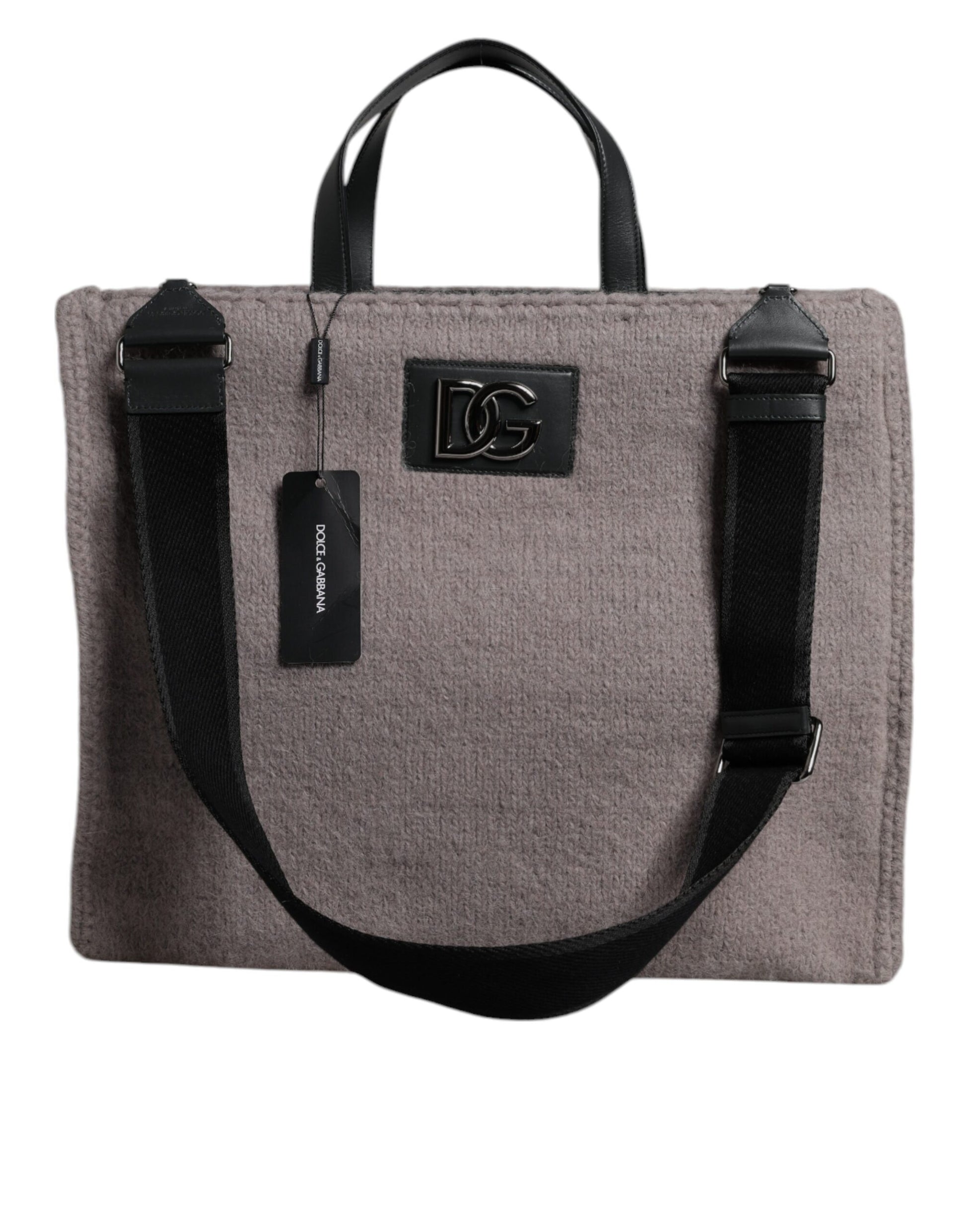 Grey Alpaca Wool Logo Plaque Tote Shoulder Bag