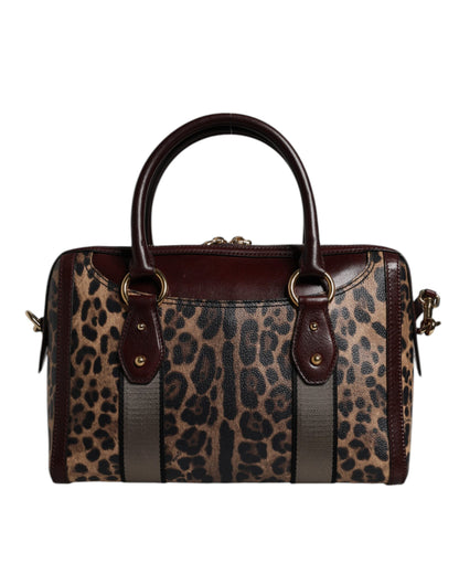 Brown Leopard Leather Shoulder Strap Duffle Bag