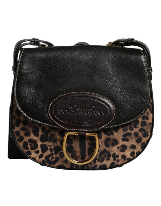 Black Brown Leopard Leather Shoulder Strap Bag