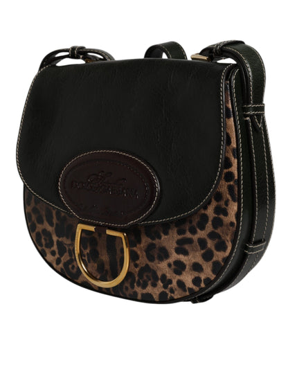 Black Brown Leopard Leather Shoulder Strap Bag
