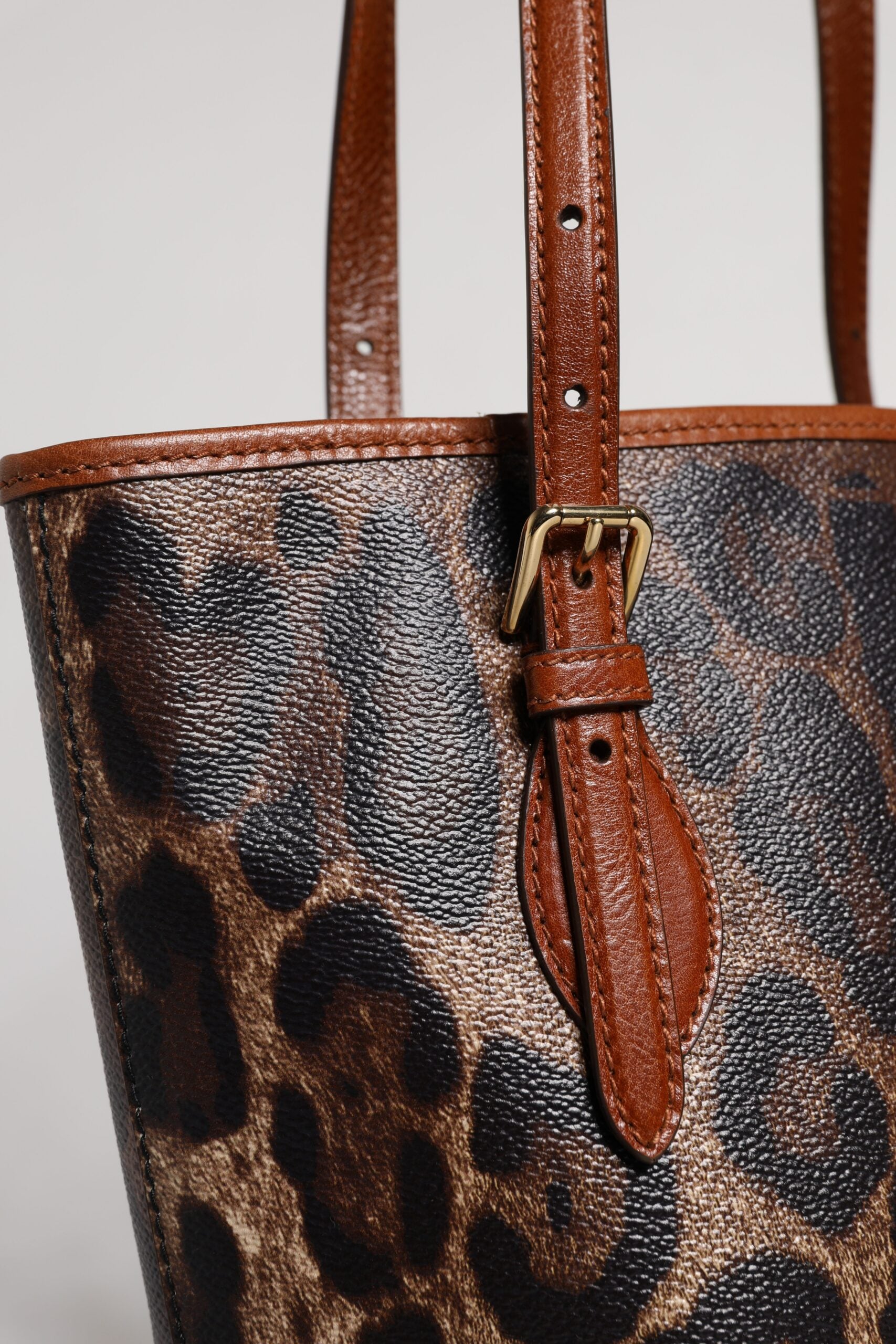 Brown Leopard Leather Shoulder Strap Tote Bag