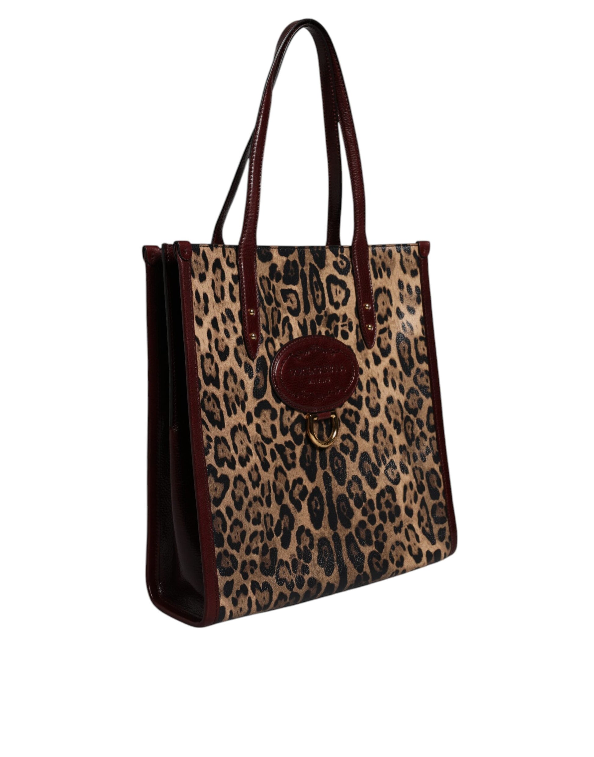 Brown Leopard Leather Shoulder Strap Tote Bag