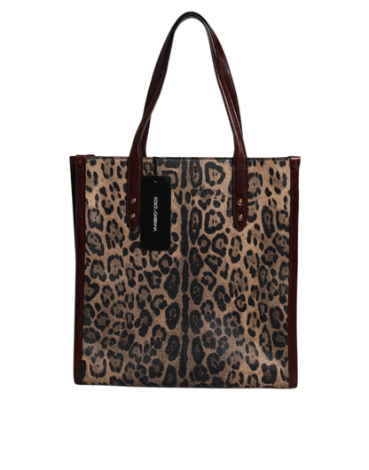 Brown Leopard Leather Shoulder Strap Tote Bag