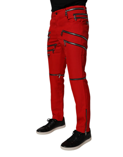 Red Zipper Embellished Straight Pants