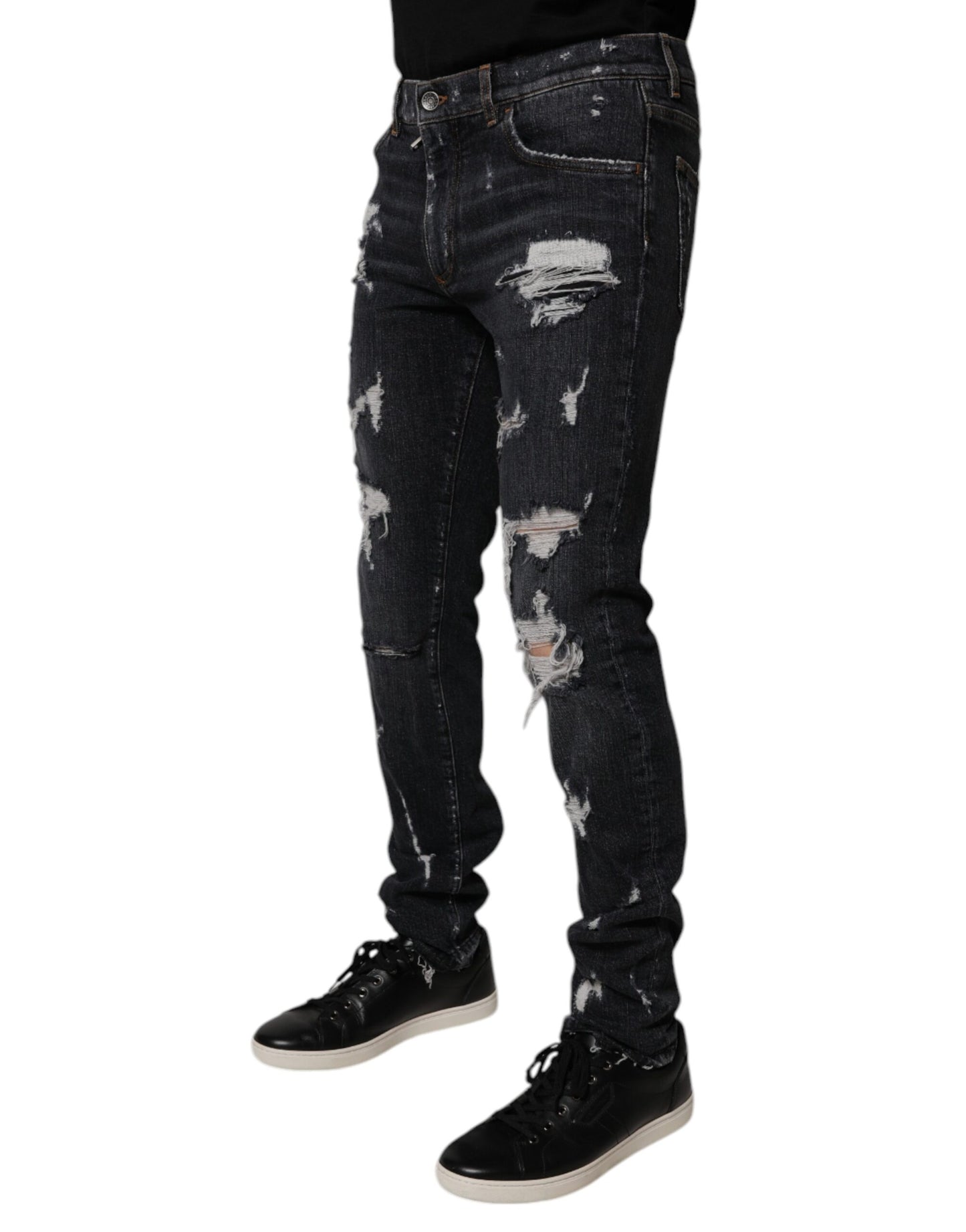 Black Tattered Cotton Skinny Men Denim Jeans